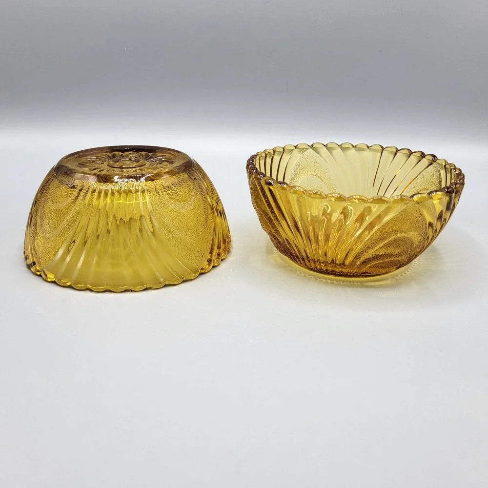 Vtg Amber Glass Dessert Bowls Set Of 2 Scalloped Edge Pressed Glass